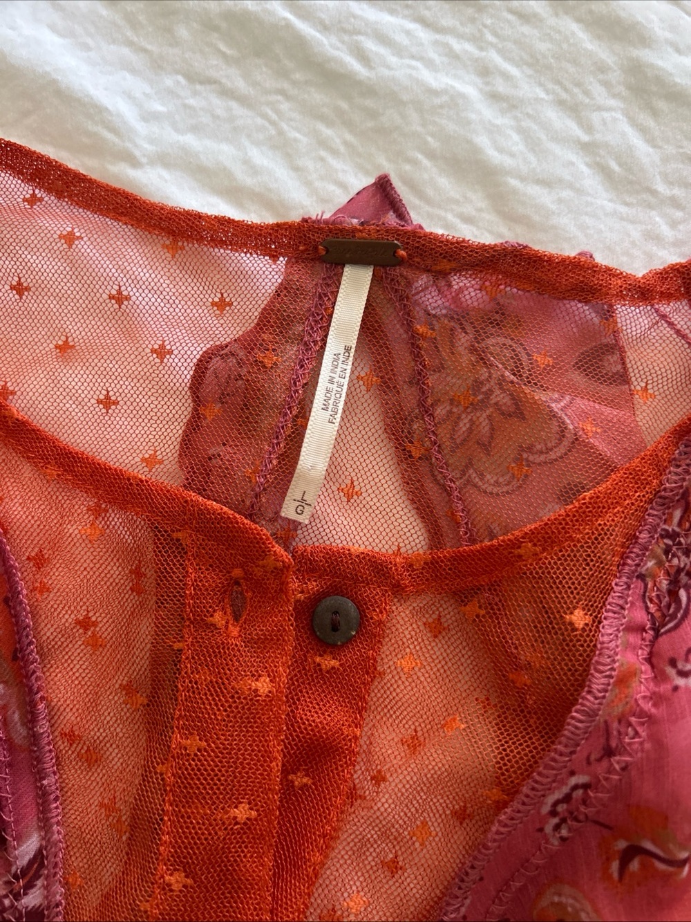 Free People Worth It Pink Orange Sheer Ruffle Floral Button Blouse Boho Fairy - Picture 12 of 14